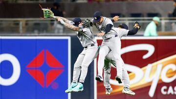 May 24, 2024; San Diego, California, USA; New York Yankees left fielder Alex Verdugo (24), New York Yankees center fielder Trent Grisham (12), New York Yankees right fielder Juan Soto (22) celebrate after defeating the San Diego Padres at Petco Park. Mandatory Credit: David Frerker-USA TODAY Sports