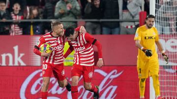 GIRONA, SPAIN - DECEMBER 29: Samu Saiz of Girona FC celebrates with team mate Arnau Martinez after scoring their sides second goal from the penalty spot during the LaLiga Santander match between Girona FC and Rayo Vallecano at Montilivi Stadium on December 29, 2022 in Girona, Spain. (Photo by Alex Caparros/Getty Images)