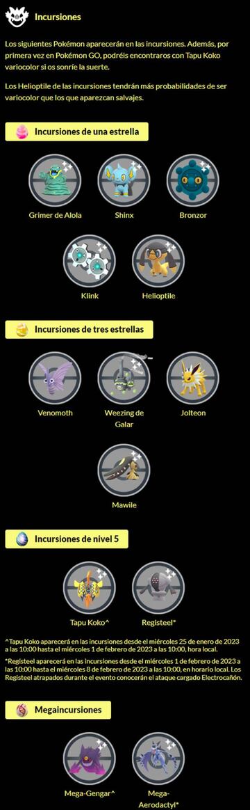 Incursiones disponibles durante el evento Voltaje Crepitante de Pok&eacute;mon GO