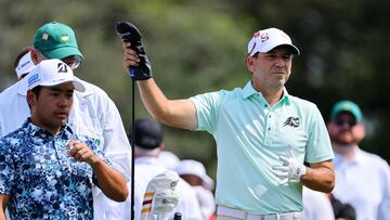 Golf - The Masters - Augusta National Golf Club - Augusta, Georgia, U.S. - April 6, 2023 Spain's Sergio Garcia and Japan's Kazuki Higa on the 10th tee during the first round REUTERS/Mike Blake