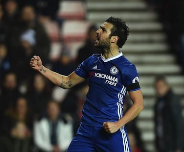 Cesc Fabregas of Chelsea celebrates scoring his sides first goal against Sunderland