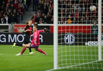 Soccer Football - Bundesliga - Bayer Leverkusen v Bayern Munich - BayArena, Leverkusen, Germany - February 10, 2024 Bayer Leverkusen's Alejandro Grimaldo scores their second goal REUTERS/Thilo Schmuelgen DFL REGULATIONS PROHIBIT ANY USE OF PHOTOGRAPHS AS IMAGE SEQUENCES AND/OR QUASI-VIDEO.