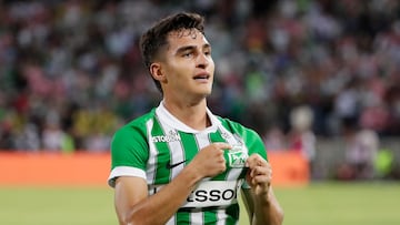 AME217. MEDELLÍN (COLOMBIA), 31/01/2026.- Juan Rengifo de Atlético Nacional celebra un gol este sábado, durante un partido amistoso entre el Inter Miami y Atlético Nacional en el estadio Atanasio Girardot, en Medellín (Colombia). EFE/ Carlos Ortega