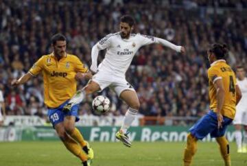 Partido de la Champions League, grupo B. Real Madrid-Juventus. Isco y Bonucci.