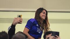 Argentina's forward Lionel Messi's wife, Antonela Roccuzzo smiles from the stands during the Qatar 2022 World Cup round of 16 football match between Argentina and Australia at the Ahmad Bin Ali Stadium in Al-Rayyan, west of Doha on December 3, 2022. (Photo by FRANCK FIFE / AFP)