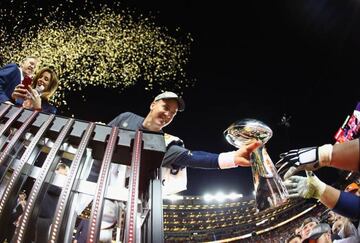 Manning holds the Vince Lombardi Trophy after Super Bowl 50