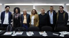 Ivan Cepeda, delegate of the national government, Nigeria Renteria, delegate of the national government, Aureliano Carbonell, member of the delegation of the National Liberation Army (ELN), Consuelo Tapias, member of the delegation of the National Liberation Army (ELN), Colonel in retirement Alvaro Matallana, delegate of the national government, Mauricio Iguaran, member of the delegation of the National Liberation Army (ELN) and Fabian Sepulveda, member of the delegation of the National Liberation Army (ELN), pose for a photo during the installation of the First National Meeting for the design of civil society participation in the peace process with the ELN, in Bogota, Colombia October 6, 2023. REUTERS/Luisa Gonzalez