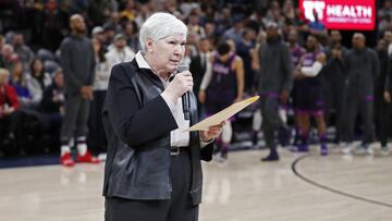 Mar 14, 2019; Salt Lake City, UT, USA; Gail Miller, Owner and Chairman of the Utah Jazz addresses the crowd prior to their game against the Minnesota Timberwolves. She warns fans to not engage in inappropriate language with players. There was a recent incident involving a fan and a player from the Oklahoma Thunder where the fan has since been banned from Vivint Smart Home Arena. Mandatory Credit: Jeff Swinger-USA TODAY Sports