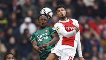 AMSTERDAM - (lr) Jurgen Timber of Ajax, Luis Sinisterra of Feyenoord, Noussair Mazraoui of Ajax during the Dutch premier league match between Ajax and Feyenoord at the Johan Cruijff ArenA on March 20, 2022 in Amsterdam, Netherlands. ANP MAURICE VAN STEEN (Photo by ANP via Getty Images)