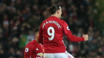 Zlatan Ibrahimovic of Manchester United celebrates scoring their first goal during the Premier League match between Manchester United and Liverpool at Old Trafford on January 15, 2017 in Manchester, England. 