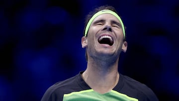 TURIN, ITALY - NOVEMBER 17: Rafael Nadal of Spain reacts while playing Casper Ruud of Norway during round robin play on Day Five of the Nitto ATP Finals at Pala Alpitour on November 17, 2022 in Turin, Italy. (Photo by Matthew Stockman/Getty Images)
