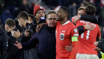 Soccer Football - UEFA Euro 2024 Qualifier - Group F - Austria v Estonia - Raiffeisen Arena, Linz, Austria - March 27, 2023 Austria's David Alaba celebrates with coach Ralf Rangnick after the match REUTERS/Leonhard Foeger