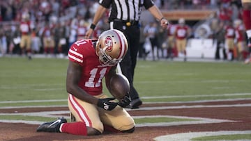 November 12, 2017; Santa Clara, CA, USA; San Francisco 49ers wide receiver Marquise Goodwin (11) celebrates after scoring a touchdown against the New York Giants during the second quarter at Levi&#039;s Stadium. Mandatory Credit: Kyle Terada-USA TODAY Sports