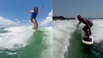 Shakira y Hamilton practicando wakesurf en Miami en 2023.