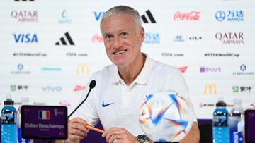 DOHA, QATAR - NOVEMBER 29: Didier Deschamps, Head Coach of France, reacts during the France Press Conference at the main Media Center on November 29, 2022 in Doha, Qatar. (Photo by Michael Regan - FIFA/FIFA via Getty Images)