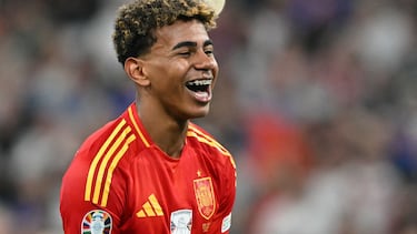 Spain's forward #19 Lamine Yamal celebrates at the end the UEFA Euro 2024 semi-final football match between Spain and France at the Munich Football Arena in Munich on July 9, 2024. (Photo by MIGUEL MEDINA / AFP)