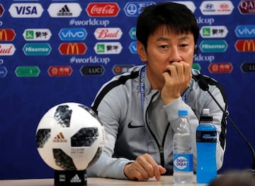 South Korea coach Shin Tae-yong during the press conference.