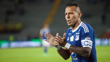 Juan Guillermo Domínguez celebrando su gol con Millonarios ante Nacional por Liga Águila I-2018