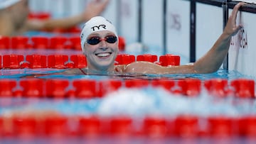 Paris 2024 Olympics - Swimming Training - Paris La Defense Arena, Nanterre, France - July 23, 2024. Katie Ledecky of the U.S reacts during training. REUTERS/Clodagh Kilcoyne