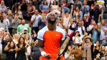 Frances Tiafoe reacts after beating Andrey Rublev on day ten of the 2022 US Open.