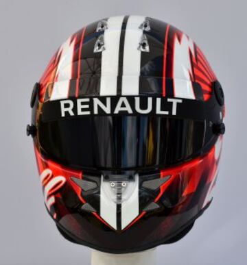 Parte delantera del casco del piloto alemán Nico Hulkenberg de Renault.