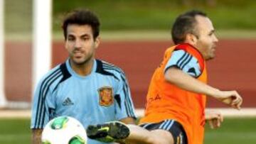 Cesc Fábregas y Andrés Iniesta, durante el entrenamiento de la selección este martes.