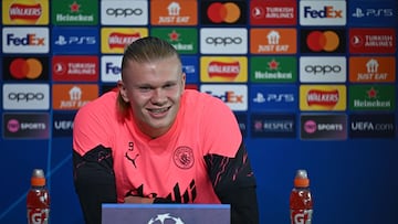 Manchester City's Norwegian striker #09 Erling Haaland attends a press conference at Manchester City's training ground in north-west England on March 5, 2024, on the eve of their UEFA Champions League Group round of 16 second-leg football match against FC Copenhagen. (Photo by Paul ELLIS / AFP)