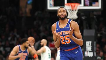 BOSTON, MASSACHUSETTS - MAY 05: Mikal Bridges #25 of the New York Knicks celebrates after making a three-point basket against the Boston Celtics during the third quarter in Game One of the Eastern Conference Second Round NBA Playoffs at TD Garden on May 05, 2025 in Boston, Massachusetts. NOTE TO USER: User expressly acknowledges and agrees that, by downloading and or using this photograph, User is consenting to the terms and conditions of the Getty Images License Agreement. Maddie Meyer/Getty Images/AFP (Photo by Maddie Meyer / GETTY IMAGES NORTH AMERICA / Getty Images via AFP)