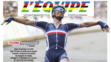 Portada de la edici&oacute;n impresa de L&#039;&Eacute;quipe del 27 de septiembre de 2021 con protagonismo para Julian Alaphilippe tras ganar el t&iacute;tulo en los Mundiales de Ciclismo en Ruta de Flandes.