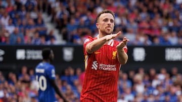London (United Kingdom), 17/08/2024.- Diogo Jota of Liverpool celebrates after scoring the 0-1 goal during the English Premier League match between Ipswich Town and Liverpool in Ipswich, Britain, 17 August 2024. (Reino Unido) EFE/EPA/TOLGA AKMEN