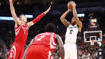 Mar 6, 2017; San Antonio, TX, USA; San Antonio Spurs small forward Kawhi Leonard (2) shoots the ball over Houston Rockets small forward Sam Dekker (7) during the first half at AT&T Center. Mandatory Credit: Soobum Im-USA TODAY Sports