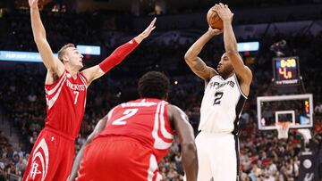 Mar 6, 2017; San Antonio, TX, USA; San Antonio Spurs small forward Kawhi Leonard (2) shoots the ball over Houston Rockets small forward Sam Dekker (7) during the first half at AT&amp;T Center. Mandatory Credit: Soobum Im-USA TODAY Sports