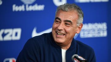 Marc Lasry co-owner of the Milwaukee Bucks gestures as he addresses a press conference ahead of the NBA basketball match between Milwakuee Bucks and Charlotte Hornets at The AccorHotels Arena in Paris on January 24, 2020. (Photo by Anne-Christine POUJOULAT / AFP)