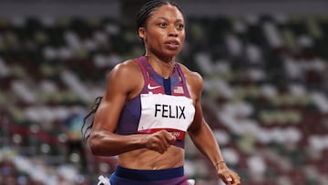 TOKYO, JAPAN - AUGUST 06: Allyson Felix of Team USA competes in the Women&#039;s 400m on day fourteen of the Tokyo 2020 Olympic Games at Olympic Stadium on August 06, 2021 in Tokyo, Japan. (Photo by Christian Petersen/Getty Images)