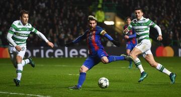 Lionel Messi shoots and opens the scoring at Celtic Park.
