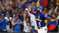 Venezuela's infielder #02 Alcides Escobar celebrates after a home run during the Caribbean Series baseball game between Panama and Venezuela at Marlins Park in Miami, Florida, on February 6, 2024. (Photo by Chandan Khanna / AFP)