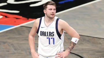 NEW YORK, NEW YORK - FEBRUARY 27: Luka Doncic #77 of the Dallas Mavericks reacts during the first half against the Brooklyn Nets at Barclays Center on February 27, 2021 in the Brooklyn borough of New York City. NOTE TO USER: User expressly acknowledges and agrees that, by downloading and or using this Photograph, user is consenting to the terms and conditions of the Getty Images License Agreement. (Photo by Sarah Stier/Getty Images)