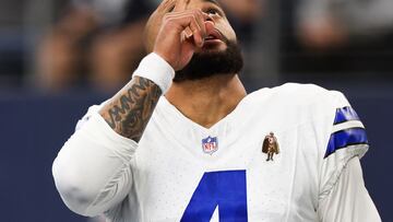Nov 12, 2023; Arlington, Texas, USA; Dallas Cowboys quarterback Dak Prescott (4) reacts before the game against the New York Giants at AT&T Stadium. Mandatory Credit: Kevin Jairaj-USA TODAY Sports