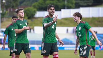  Jesus Gomez celebrates his goal 3-0 of Mexico during the game Mexico (Mexican National Team) vs Honduras, corresponding to Semifinals of Mens Soccer at the Central American and Caribbean Games San Salvador 2023, at Las Delicias National Stadium, on July 04, 2023.

<br><br>

Jesus Gomez celebra su gol 3-0 de Mexico durante el partido Mexico (Seleccion Nacional Mexicana) vs Honduras, correspondiente a Semifinales del Futbol Masculino en los Juegos Centroamericanos y del Caribe San Salvador 2023, en el Estadio Nacional Las Delicias, el 02 de Julio de 2023.