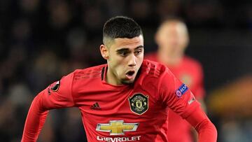 Manchester United&#039;s Belgian-born Brazilian midfielder Andreas Pereira runs with the ball, during the Europa League match between Club Brugge and Manchester United at the Jan Breydel Stadium in Bruges on February 20, 2020. (Photo by JOHN THYS / AFP)