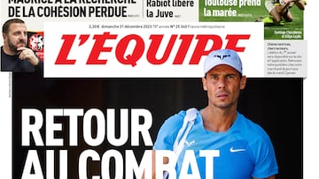 Portada de la edición impresa de L'Équipe del 31 de diciembre de 2023 dedicada a la reaparición de Rafa Nadal en el Torneo de Brisbane tras casi un año lesionado.