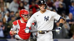 NEW YORK, NEW YORK - SEPTEMBER 23: Aaron Judge #99 of the New York Yankees reacts after he struck out in the fifth inning as Reese McGuire #3 of the Boston Red Sox defends at Yankee Stadium on September 23, 2022 in the Bronx borough of New York City.   Elsa/Getty Images/AFP