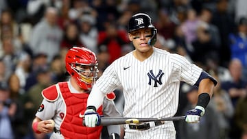 NEW YORK, NEW YORK - SEPTEMBER 23: Aaron Judge #99 of the New York Yankees reacts after he struck out in the fifth inning as Reese McGuire #3 of the Boston Red Sox defends at Yankee Stadium on September 23, 2022 in the Bronx borough of New York City.   Elsa/Getty Images/AFP