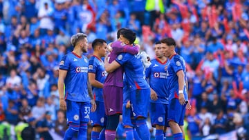 Gonzalo Piovi. Kevin Mier, Carlos Salcedo , Rodrigo Huescas of Cruz Azul during the Semifinals second leg match between Cruz Azul and Monterrey as part of the Torneo Clausura 2024 Liga BBVA MX at Ciudad de los Deportes Stadium on May 19, 2024 in Mexico City, Mexico.