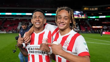 EINDHOVEN, NETHERLANDS - AUGUST 6: Savio of PSV, Xavi Simons of PSV during the Dutch Eredivisie match between PSV v FC Emmen at the Philips Stadium on August 6, 2022 in Eindhoven Netherlands (Photo by Photo Prestige/Soccrates/Getty Images)