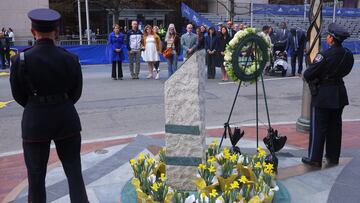 Family members of Boston Marathon bombing victims Martin Richard, Krystle Campbell and Lingzi Lu joins Massachusetts Governor Maura Healey and Boston Mayor Michelle Wu at one of the bomb sites during a ceremony to mark the ten-year anniversary of bombings in Boston, Massachusetts, U.S., April 15, 2023. REUTERS/Brian Snyder