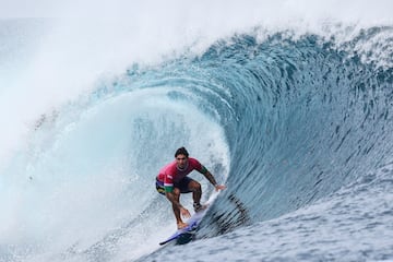 Gabriel Medina of Brazil in action during the Men round 3 of the Surfing competitions.
