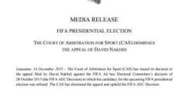 Comunicado del TAS desestimando el recurso del candidato a la presidencia de la FIFA, el trinitense David Nakhid