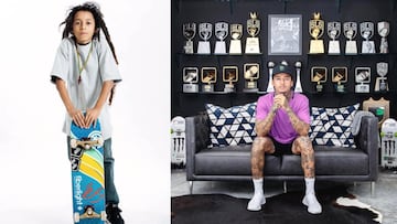 A la izquierda, Nyjah Huston de pequeño, con rastas, posando con su tabla Element Skateboards, su primer sponsor. A la derecha, el skater sentado en el sofá de su casa sin rastas, con gorra Monster y zapatillas Nike Sb, además de much