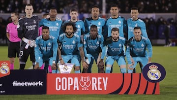 El once inicial que clasificó al Real Madrid para los octavos de final de la Copa del Rey: Lunin, Alaba, Valverde, Militao, Casemiro, Mariano, Rodrygo, Marcelo, Camavinga, Nacho y Hazard.